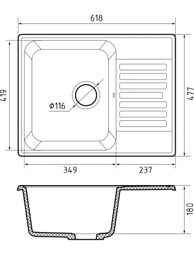 Мойка Granfest ECO-13 Темно-Серый 620*480 Прямоугольная 1 чаша - 2